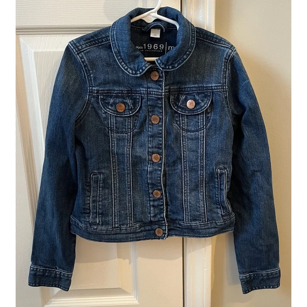 Gap Kids 1969 Girls Denim Jacket Dark Wash Blue Size M 8 Button Up 527882-00
